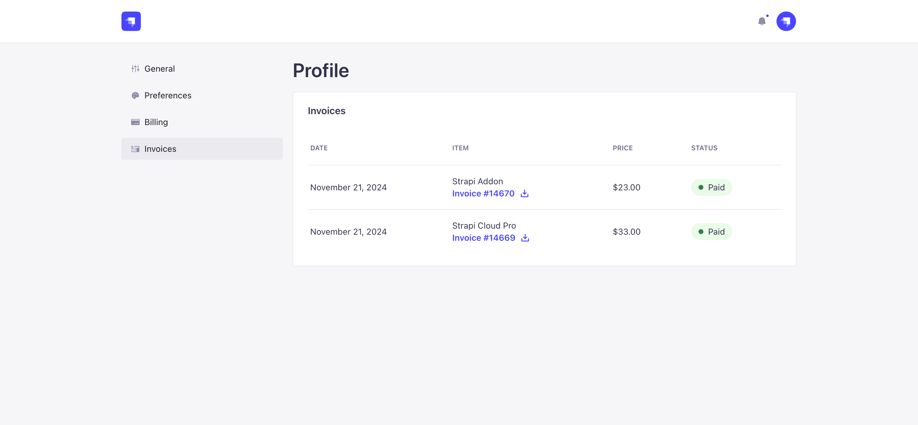 Invoices tab of Profile page